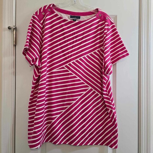 Karen Scott Hot Pink and White Striped T-Shirt with Diagonal Stripes - Picture 1 of 5